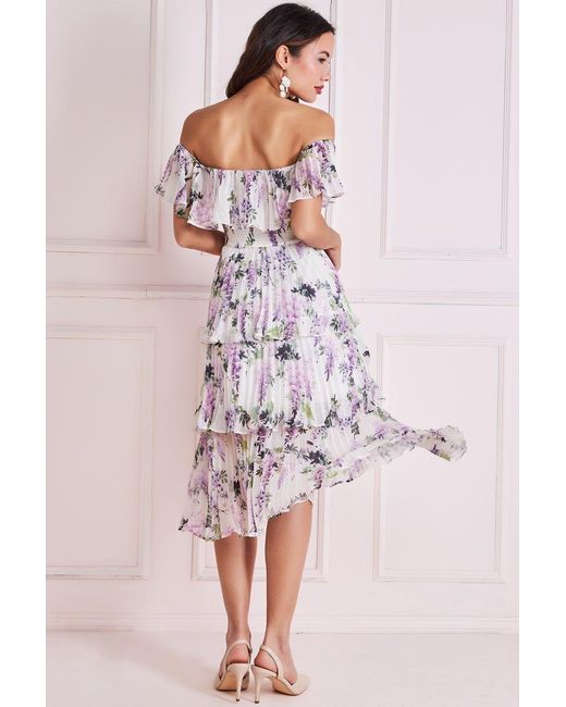 Goddiva Pink Shirred Chiffon Floral Bardot Midi