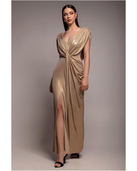Goddiva Gray Cowl Plunge Draped Foil Maxi Dress