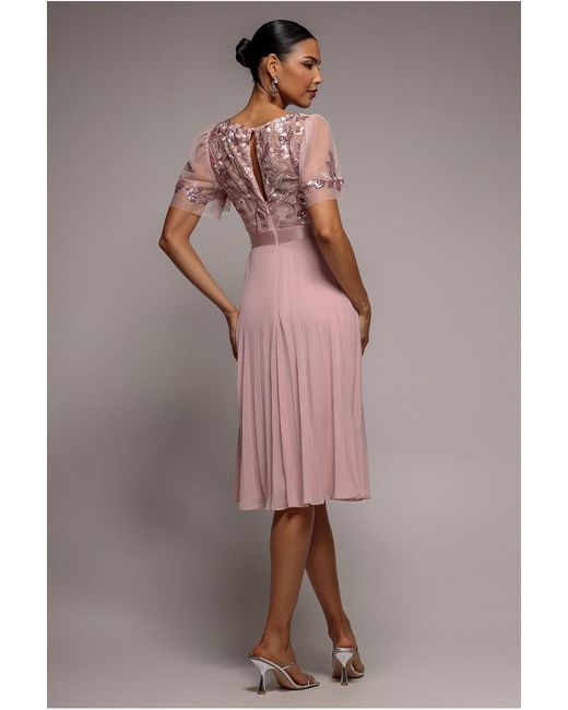 Goddiva Pink Embroidered Top Chiffon Pleated Midi