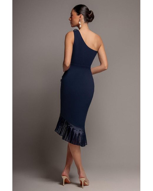 Goddiva Blue One Shoulder Pleated Fan Midi Dress