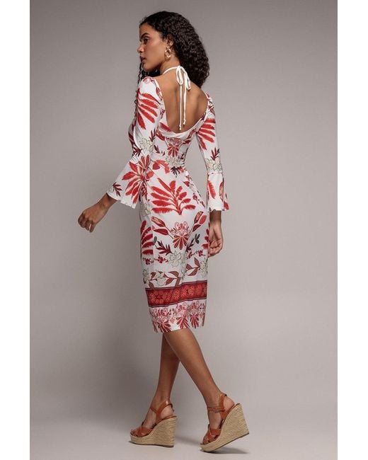 Goddiva Natural Printed Tie Back Midi Dress
