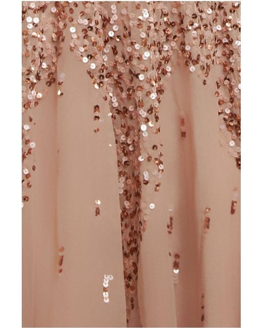 Goddiva Natural Sunray Hand Embellished Sequin A-Line Bell Sleeve Maxi Dress
