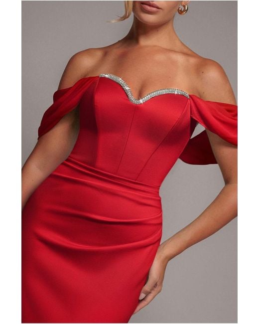 Goddiva Red Off The Shoulder Draped Sleeve Maxi Dress With Diamante Neckline