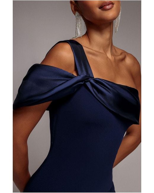 Goddiva Blue Satin Twist One Shoulder Maxi Dress