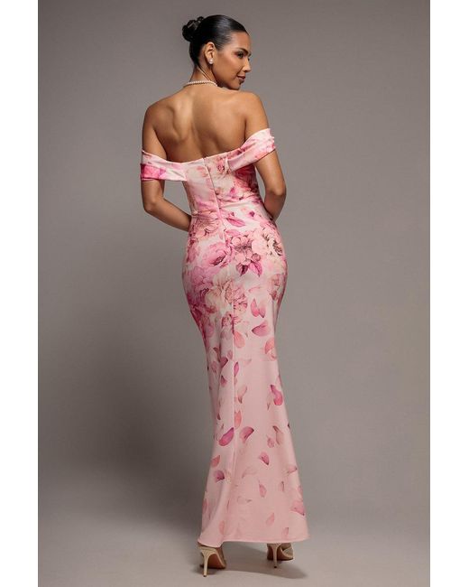 Goddiva Gray Printed Cowl Neck Pleated Waist Maxi Dress