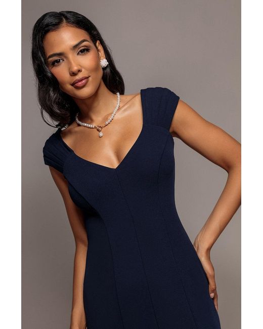 Goddiva Blue Capped Sleeve V Neck Pleated Fit & Flare Maxi Dress