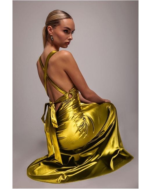 Goddiva Yellow Multi-Tied Satin Gathered Ring Maxi Dress