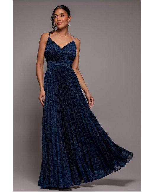 Goddiva Blue Sleeveless Pleated A Line Lurex Maxi Dress