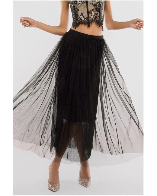Goddiva Black Tulle Gathered Midaxi Skirt