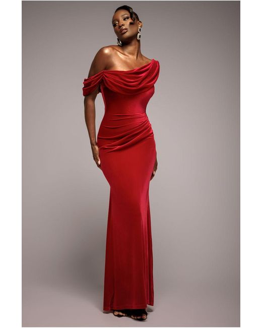 Goddiva Red Cowl One Shoulder Velvet Maxi Dress