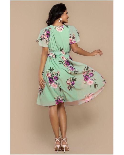 Goddiva Green Sustainable Floral Print Midi Wrap Dress With Flutter Sleeves