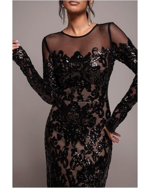 Goddiva Black Floral Sequin Mesh Maxi