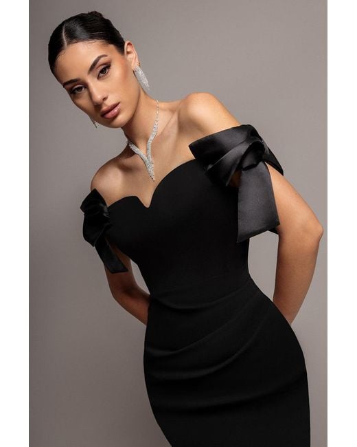 Goddiva Black Satin Bow Bardot Sheath Maxi Dress