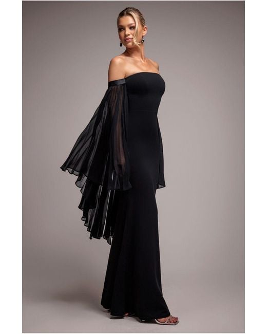 Goddiva Black Strapless Maxi Dress With Pleated Chiffon Cape