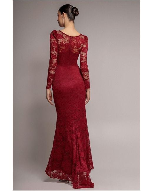 Goddiva Red Fit & Flare Scallop Lace V Neck Maxi Dress