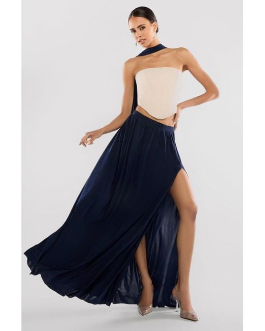 Goddiva Blue Compact Crepe Lace Up Corset With Side Split Jersey Maxi Skirt & Scarf