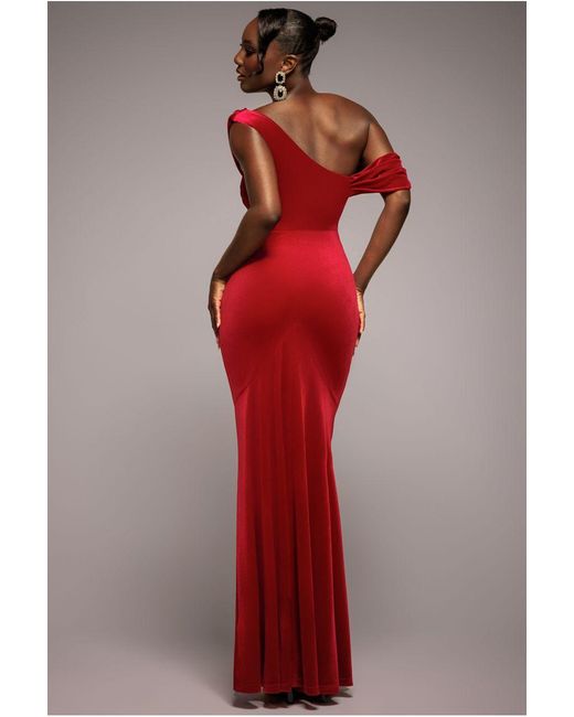 Goddiva Red Cowl One Shoulder Velvet Maxi Dress