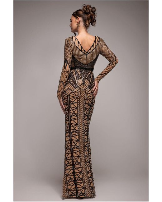 Goddiva Natural Geometric Sequin Plunge Maxi