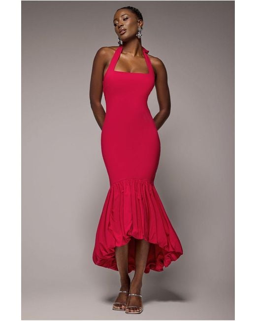 Goddiva Red Halter Neck Puff Hem Mermaid Midaxi Dress