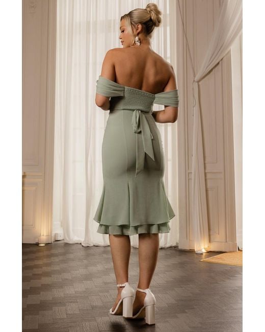 Goddiva Natural Chiffon Cowl Off Shoulder Wing Tiered Midi Dress