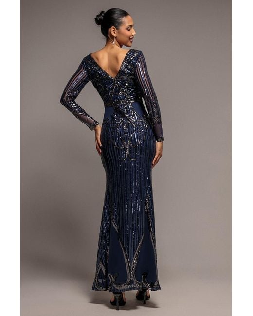 Goddiva Blue Sequin & Mesh Embroidered Maxi Dress