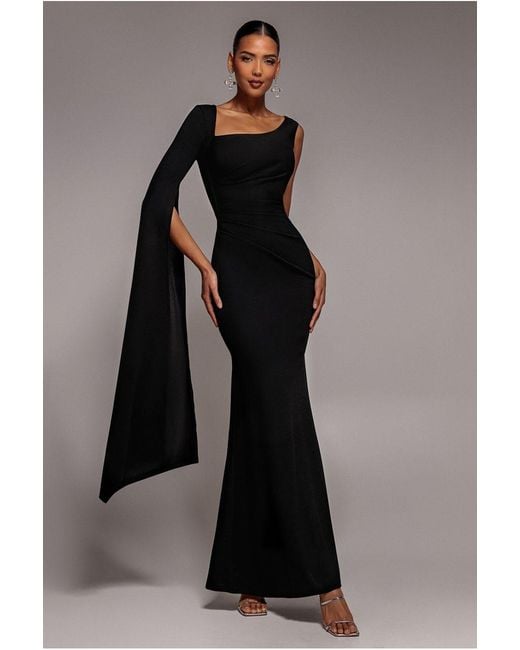 Goddiva Black One Shoulder Cape Sleeve Maxi Dress