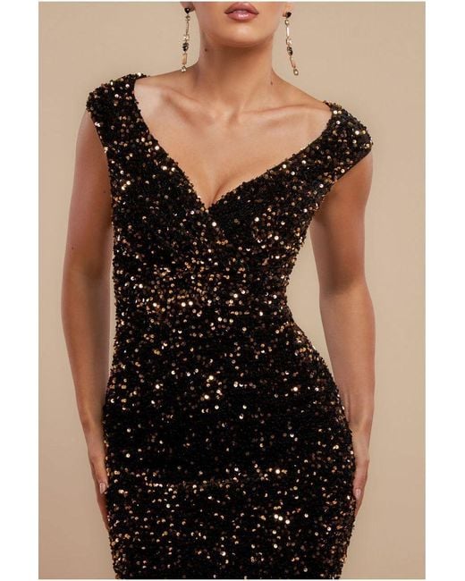 Goddiva Metallic Multi Sequin & Velvet Bardot Maxi