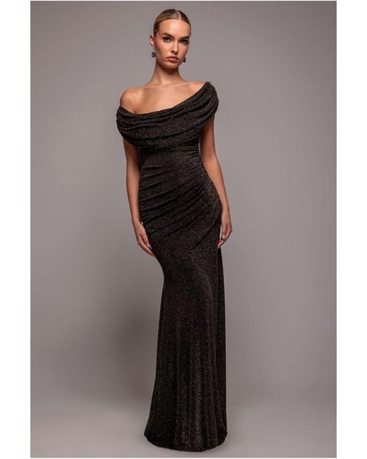 Goddiva Multicolor Sparkle Lurex Cowl Neck Off The Shoulder Maxi Dress