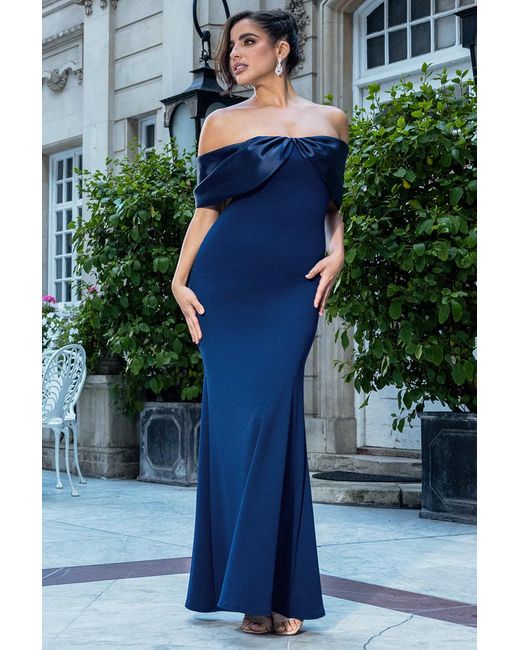 Goddiva Blue Twist Knot Satin & Scuba Bardot Maxi Dress