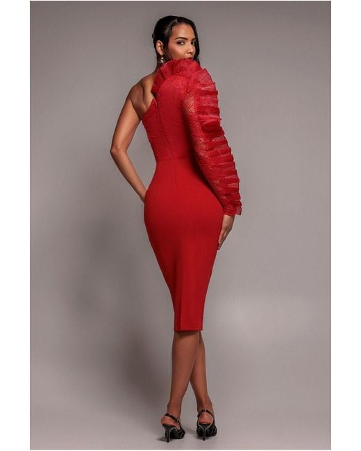 Goddiva Red One Shoulder Organza Fan Detail Lace Bodice Midi Dress