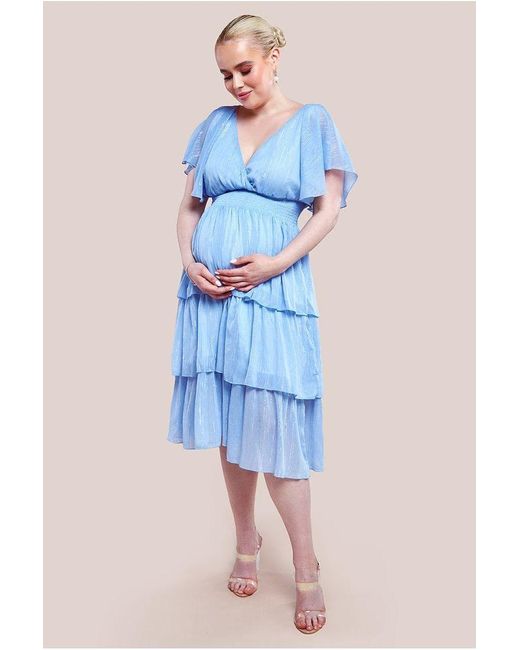 Goddiva Blue Maternity Plain Lurex Chiffon Tiered Midi Dress