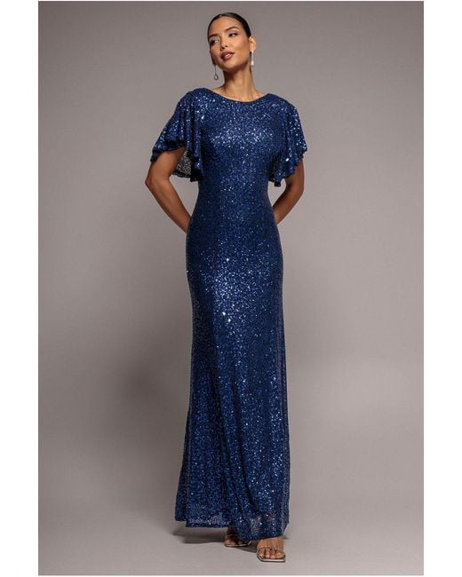 Goddiva Blue Sequin Flutter Sleeve Maxi