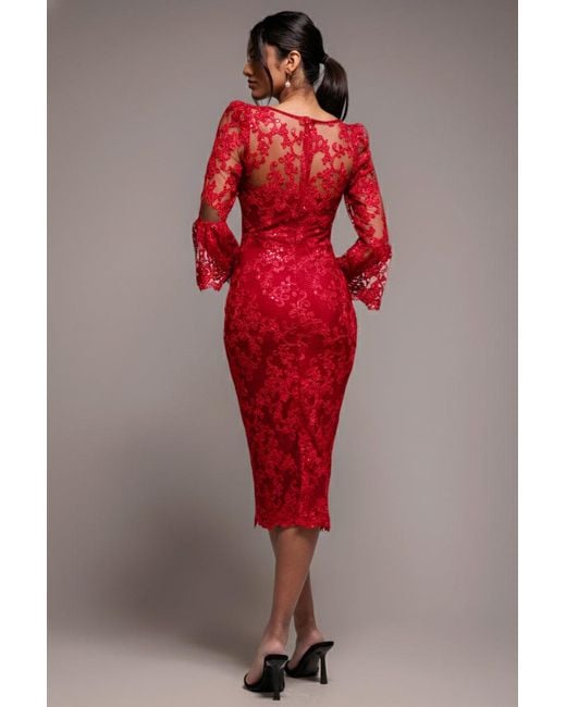 Goddiva Red Sequin Scallop Lace Midi Dress