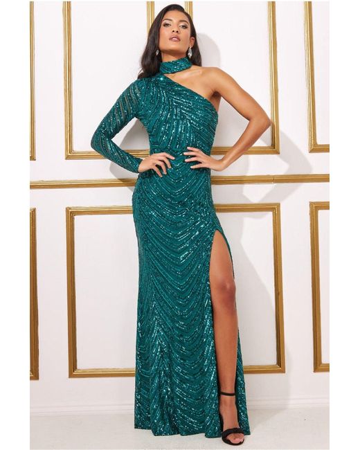 open lace back dress Sequin Cowl One Shoulder Midi Dress - Black main image 1