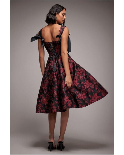 Goddiva Brown Jacquard Multiway Bow Strap Skater Midi Dress