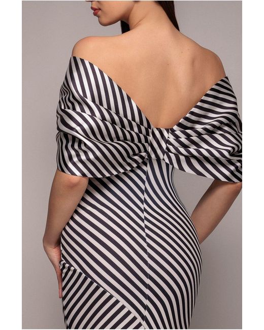Goddiva Gray Stripe Off Shoulder Bow Back Satin Bow Maxi Dress