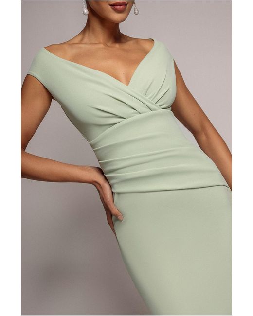 Goddiva Brown Bardot Pleated Midi Dress