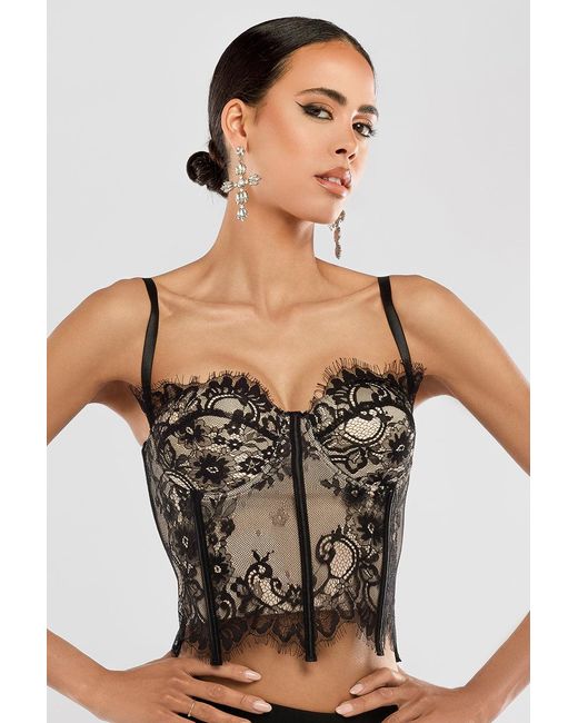Goddiva Black Cropped Lace Corset Tulle Gathered Midaxi Skirt With Embroidered Stretch Mesh Gloves & Jersey Scarf