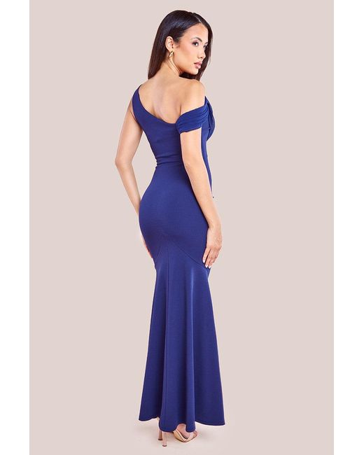 Goddiva Blue Cowl Neck One Shoulder Scuba & Chiffon Maxi Dress