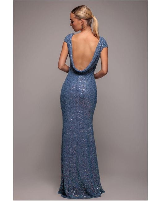 Goddiva Blue Cowl Back Sequin Maxi