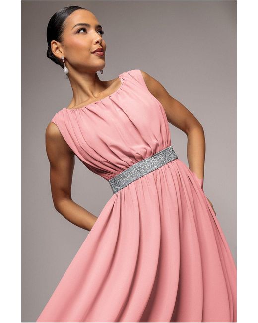 Goddiva Pink Chiffon Maxi With Embellished Belt