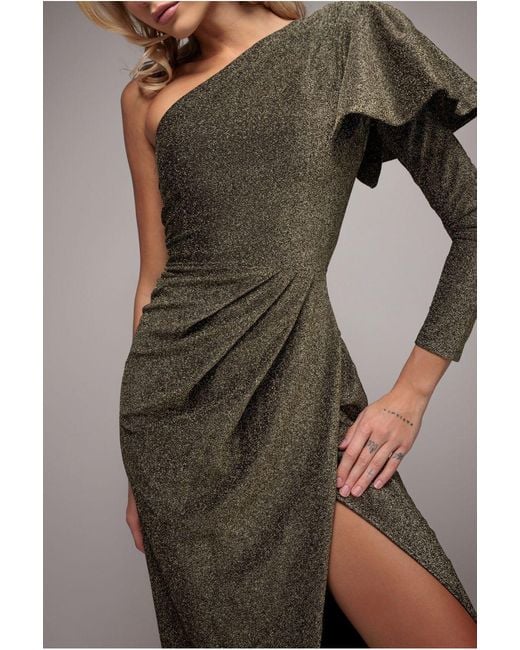 Goddiva Natural One Sleeve Frill Lurex Midi Dress