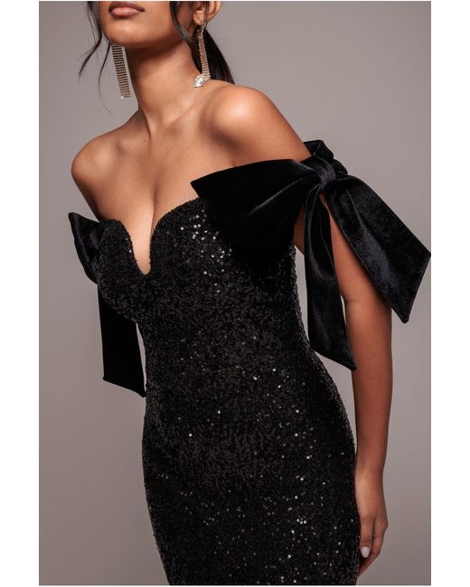 Goddiva Black Sequin Off The Shoulder Velvet Bow Maxi Dress