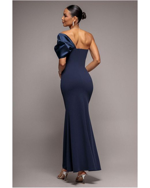 Goddiva Blue Off The Shoulder Satin Bow Neck Maxi Dress