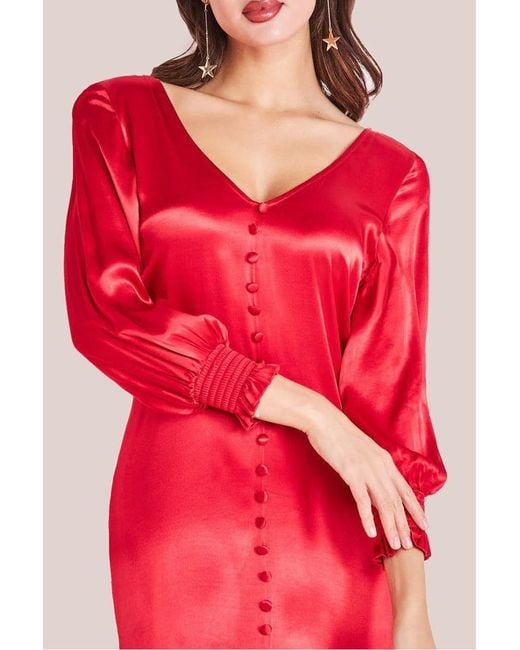Goddiva Red Satin Viscose Front Split Maxi