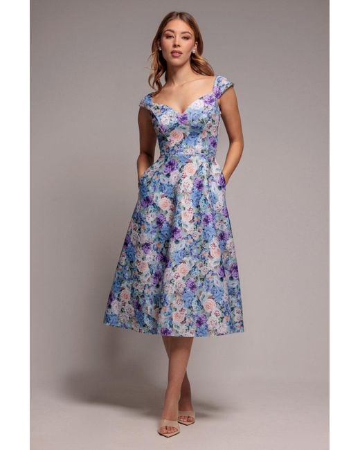 Goddiva Blue Floral Print A-Line Sweetheart Midi Dress