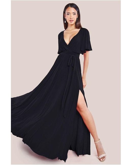 Goddiva Black Wrap Front Maxi With Flutter Sleeves