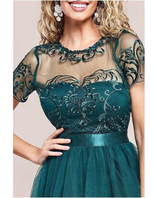 Goddiva Green Embroidered Mesh Maxi Dress