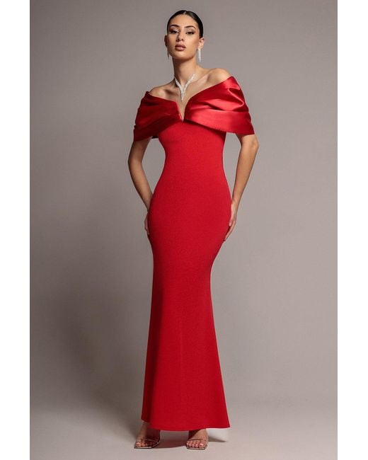 Goddiva Women's Red Satin Plunge Neck Bardot Scuba Maxi Dress