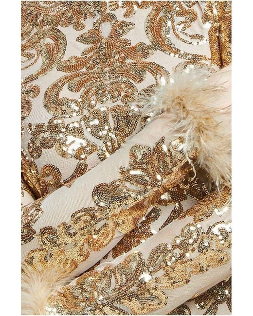goddiva sequin high neck feather cuff maxi dress reviews Goddiva Sequin High Neck Feather Cuff Maxi Dress in Natural